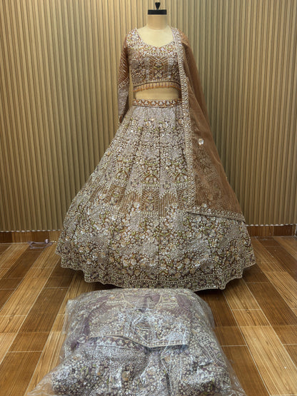 Golden brown mustard lavender Crop top Lehenga