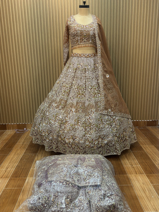 Golden brown mustard lavender Crop top Lehenga