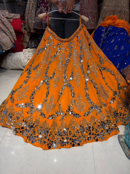 Sparkling Rust Orange Mirror Work Lehenga