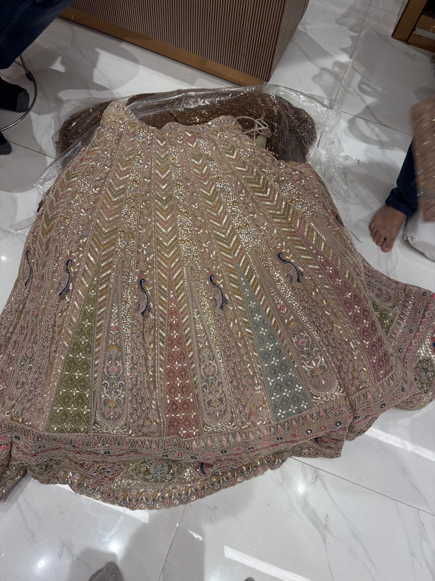 Glamorous Beige golden peacock Crop top Lehenga