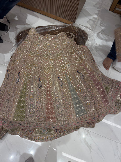 Glamorous Beige golden peacock Crop top Lehenga