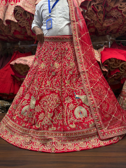 Pleasing red peacock bridal Lehenga
