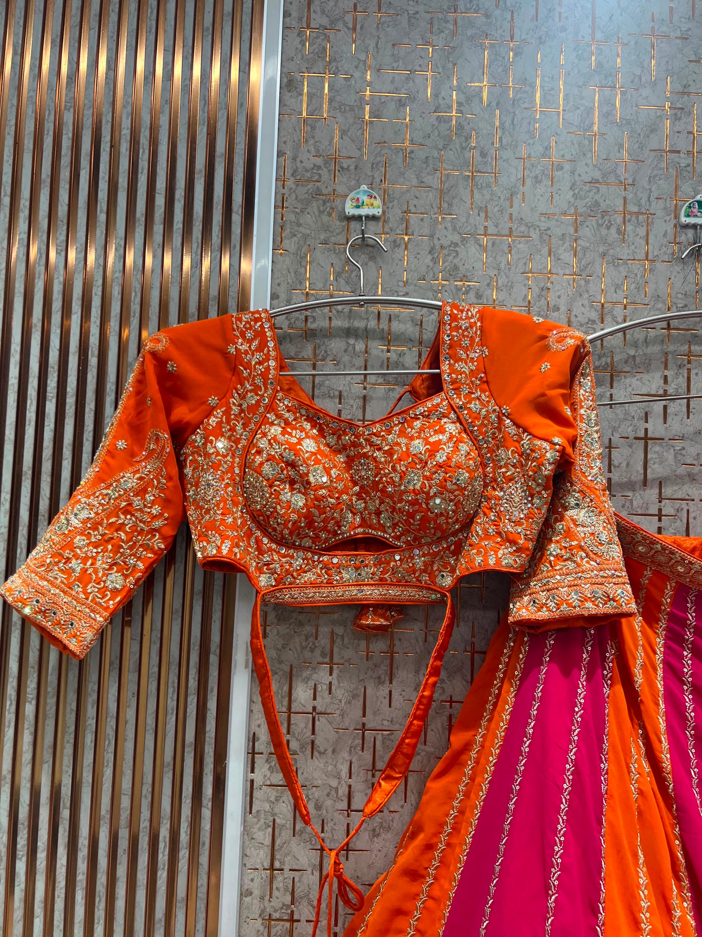 Rust orange multicolour Crop Top Lehenga