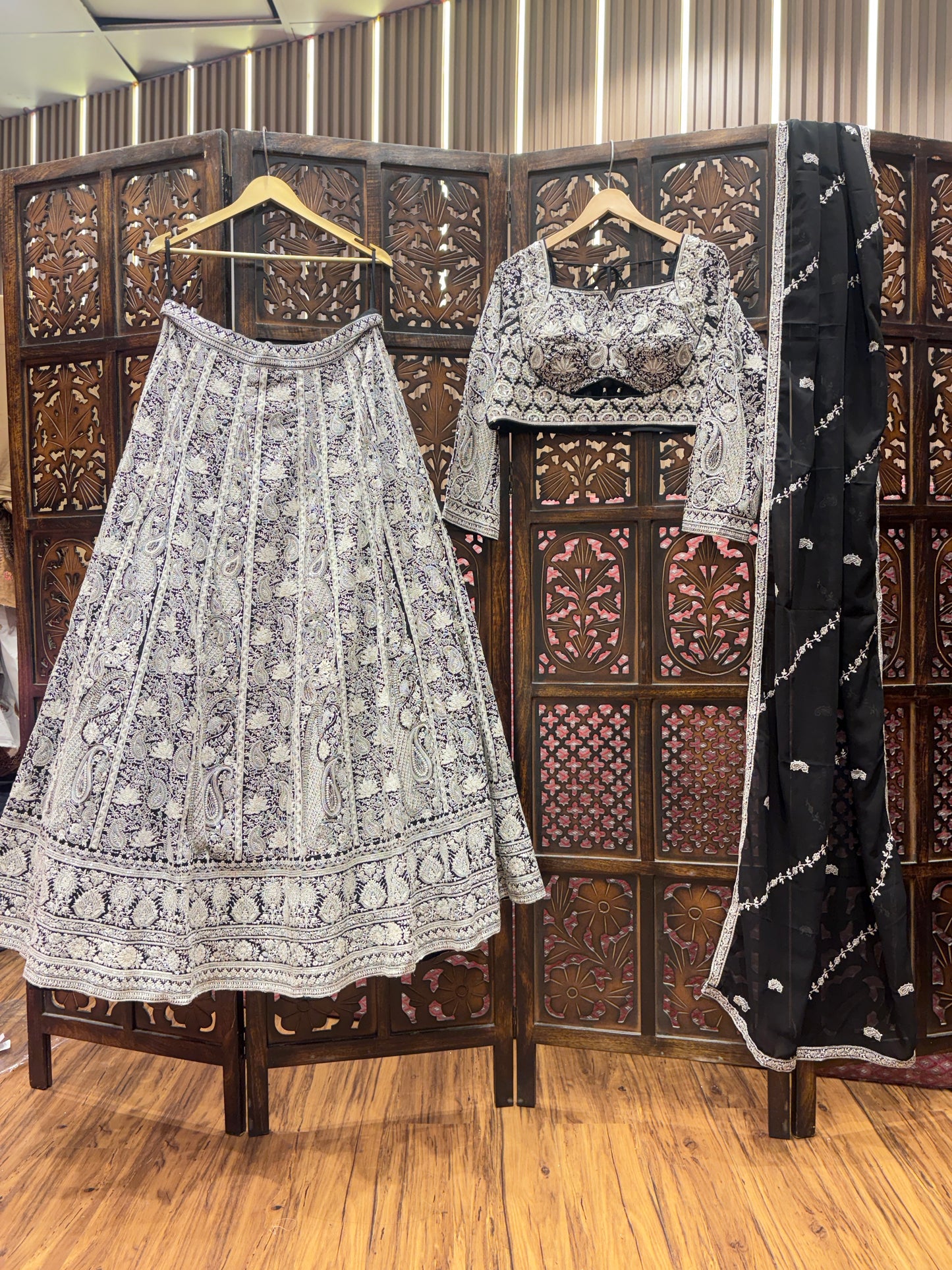 Delightful white black crop top Lehenga