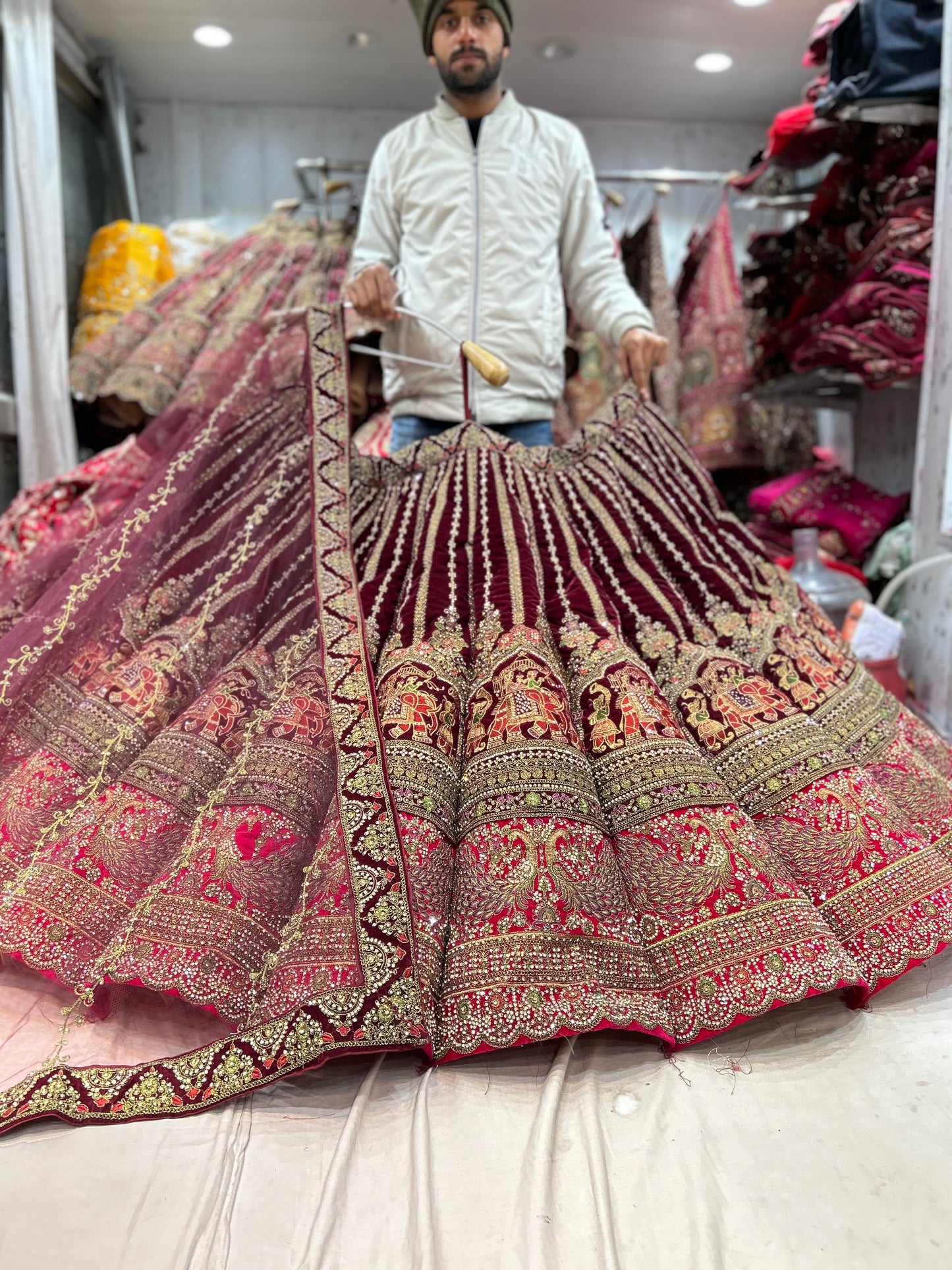 Eye catching maroon doli Barat peacock ball bridal huge flare lehenga