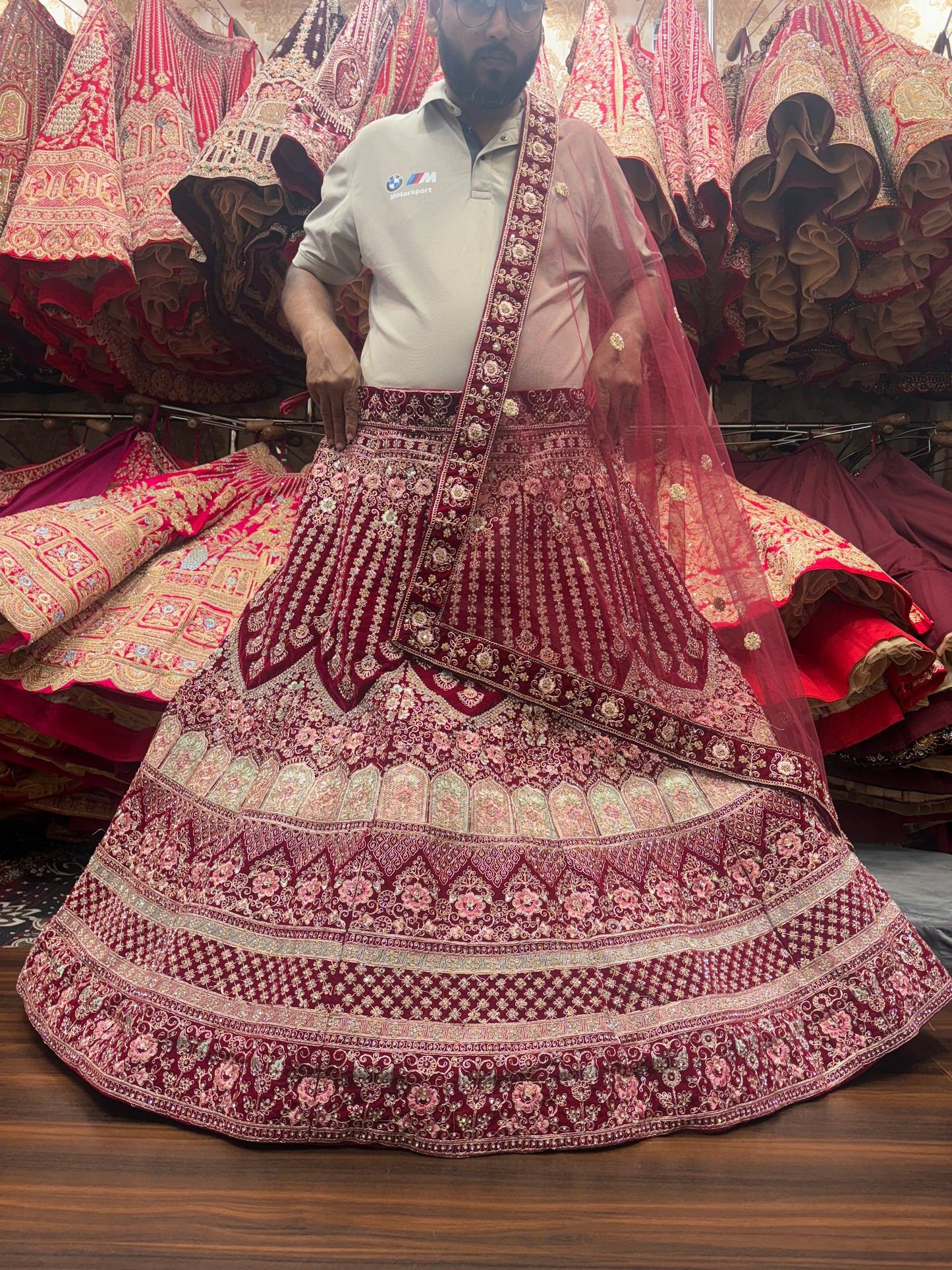 Trendy red Jhumka bridal Lehenga