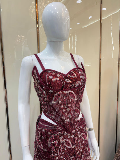 Maroon Golden Fish cut Crop Top Lehenga