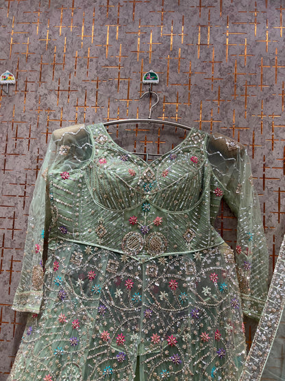 Green Farshi Garara Muslim Special Long Peplum Dress Lehenga