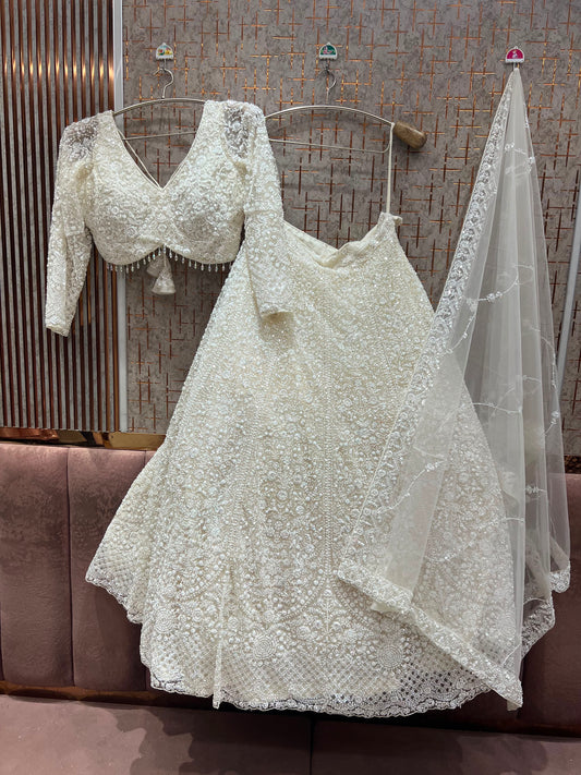White On White Monotone Crop Top Lehenga