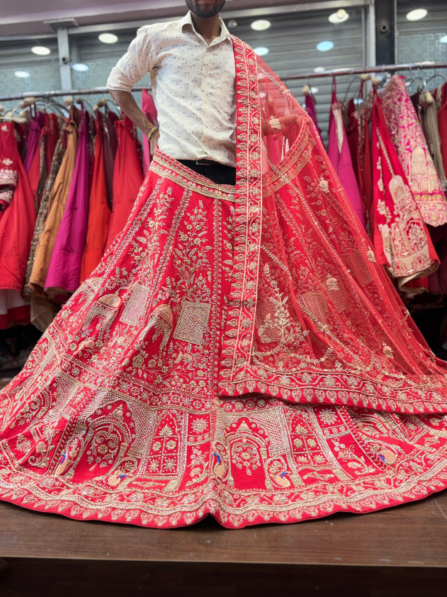 Attractive red zardozi dabka handwork handmade bridal Lehenga