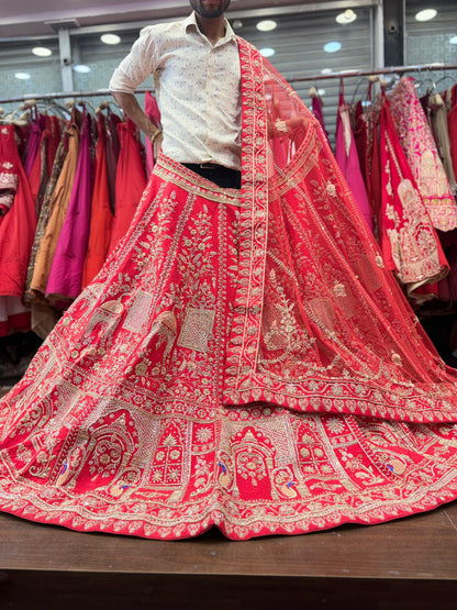 Attractive red zardozi dabka handwork handmade bridal Lehenga