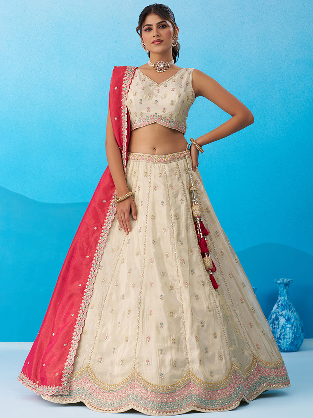 Cream Rani pink- Tissue Sequins Embroidered Lehenga 6137
