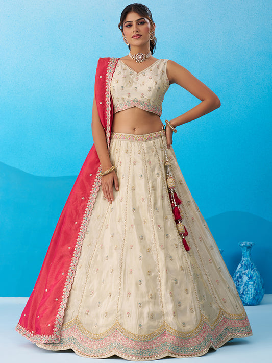 Cream Rani pink- Tissue Sequins Embroidered Lehenga 6137