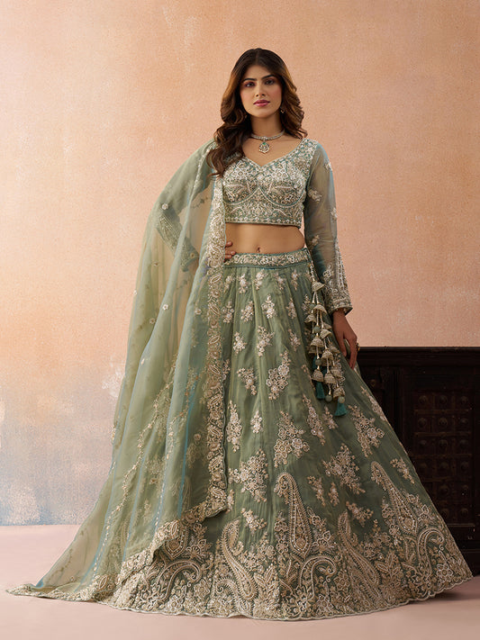 Seagreen- Tissue Beads & Sequins Embroidered Lehenga 6223