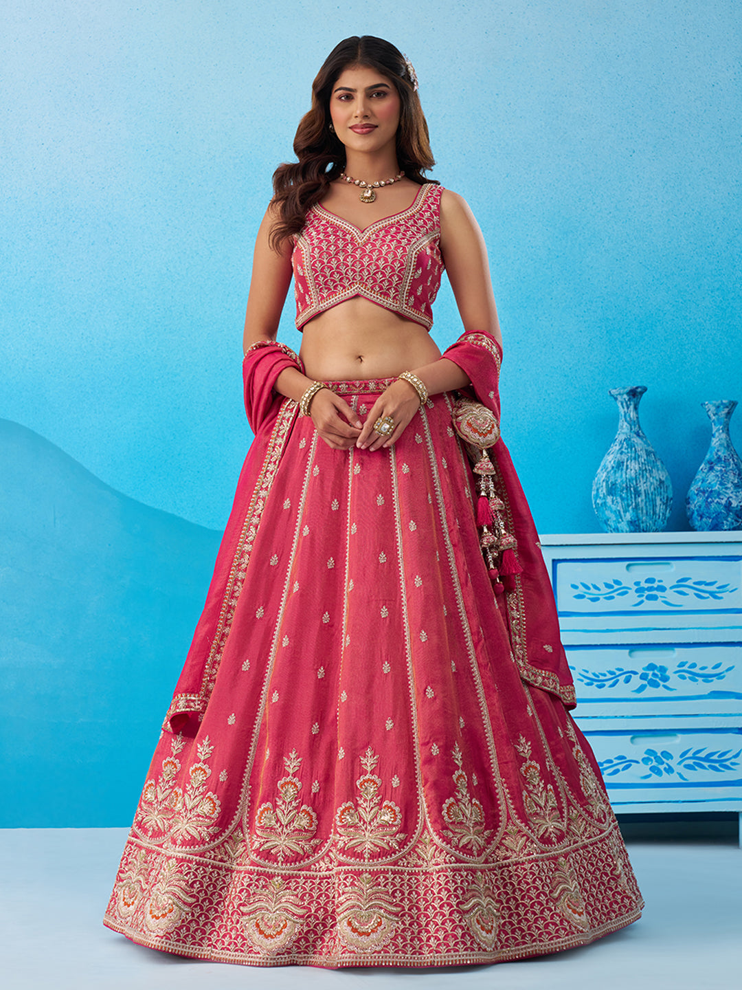 Rani Pink- Tissue Beads & Sequins Embroidered Lehenga 6308