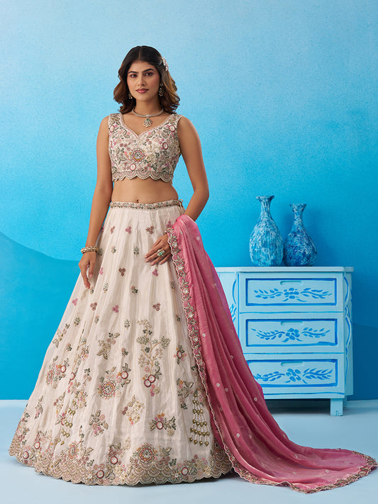 Cream- Tissue Sequins Embroidered Lehenga 6232