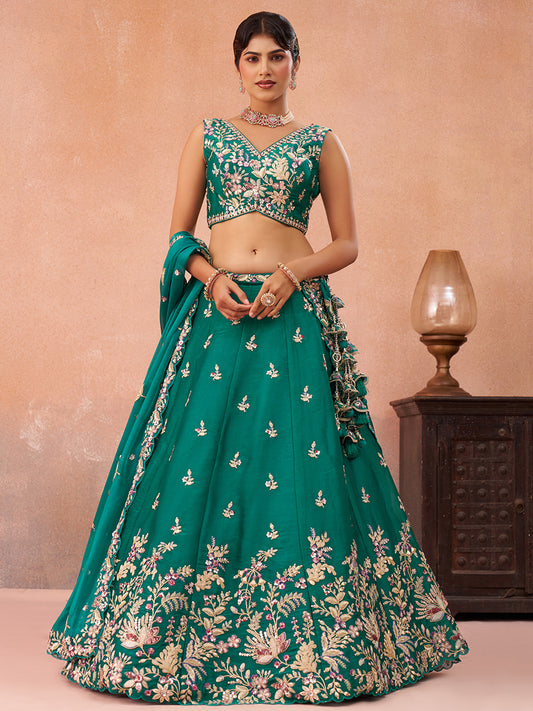 Rama Green- Tissue Sequinned with Zari Embroidered Lehenga 6300