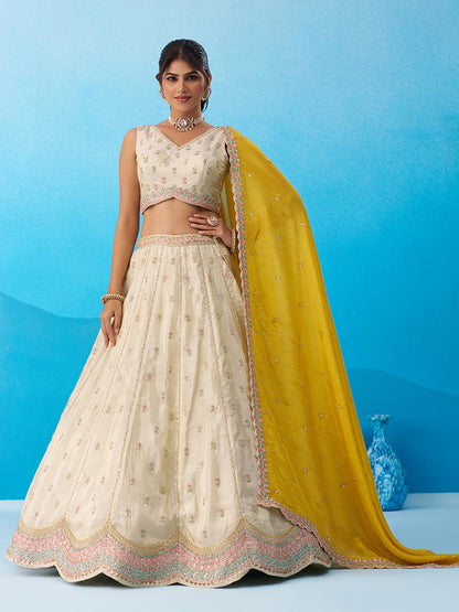 Cream Mustard- Tissue Sequins Embroidered Lehenga 6137