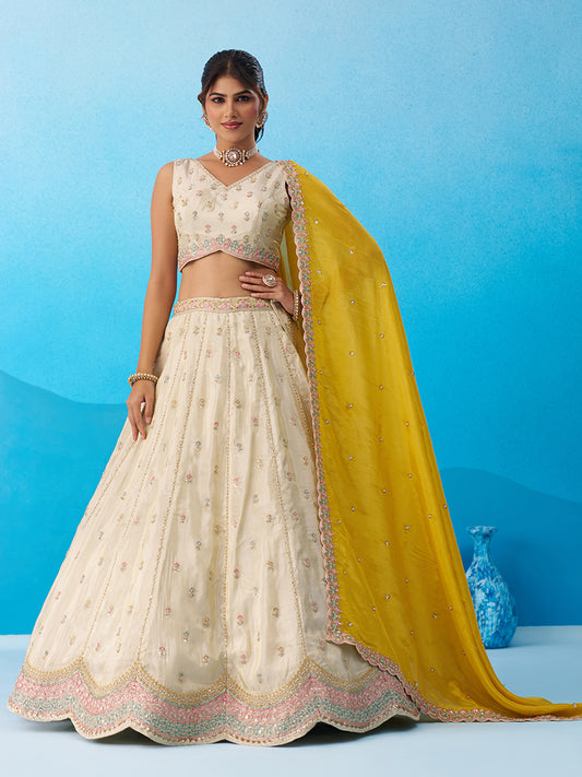 Cream Mustard- Tissue Sequins Embroidered Lehenga 6137