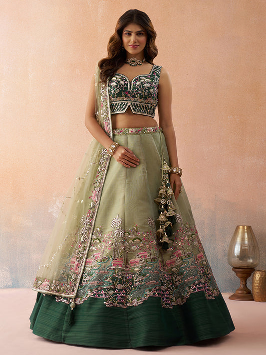 Green- Net Sequins Embroidered Omber Green and LimeGreen Lehenga choli 6275
