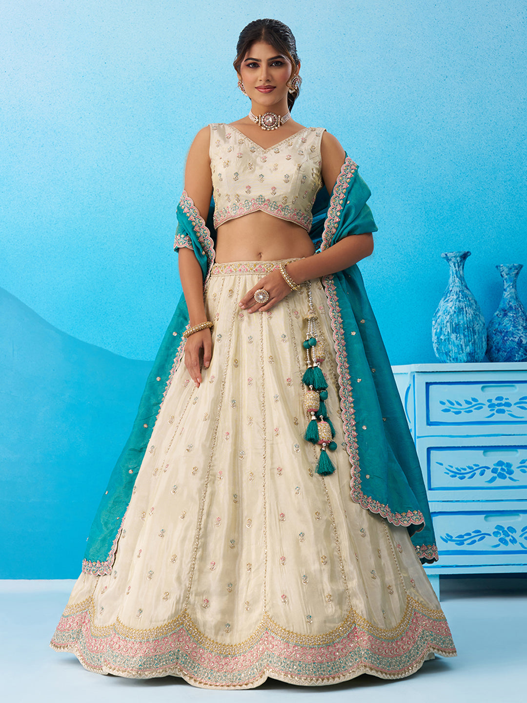 Cream Rama green- Tissue Sequins Embroidered Lehenga 6137