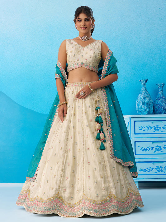 Cream Rama green- Tissue Sequins Embroidered Lehenga 6137