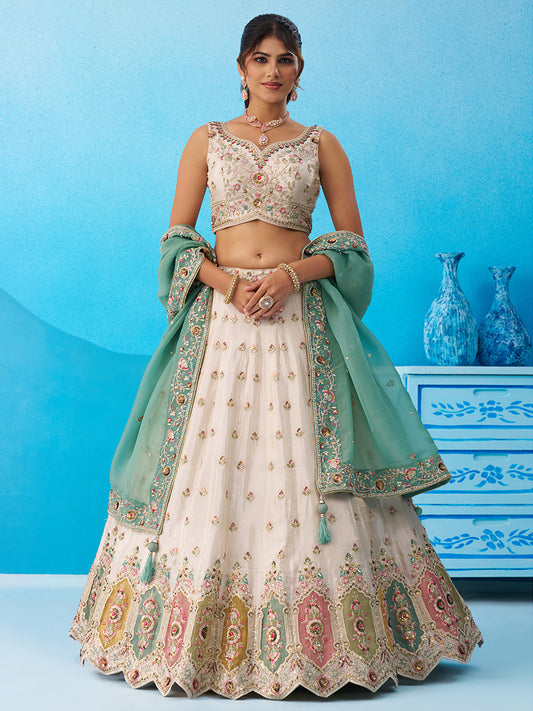 Cream green- Tissue Sequins Embroidered Multicolor Patch Work Lehenga 6166