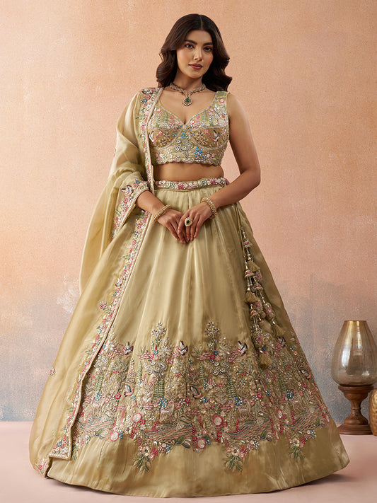 Beige golden- Tissue Sequinned with Zarkan Embroidered Lehenga 6298