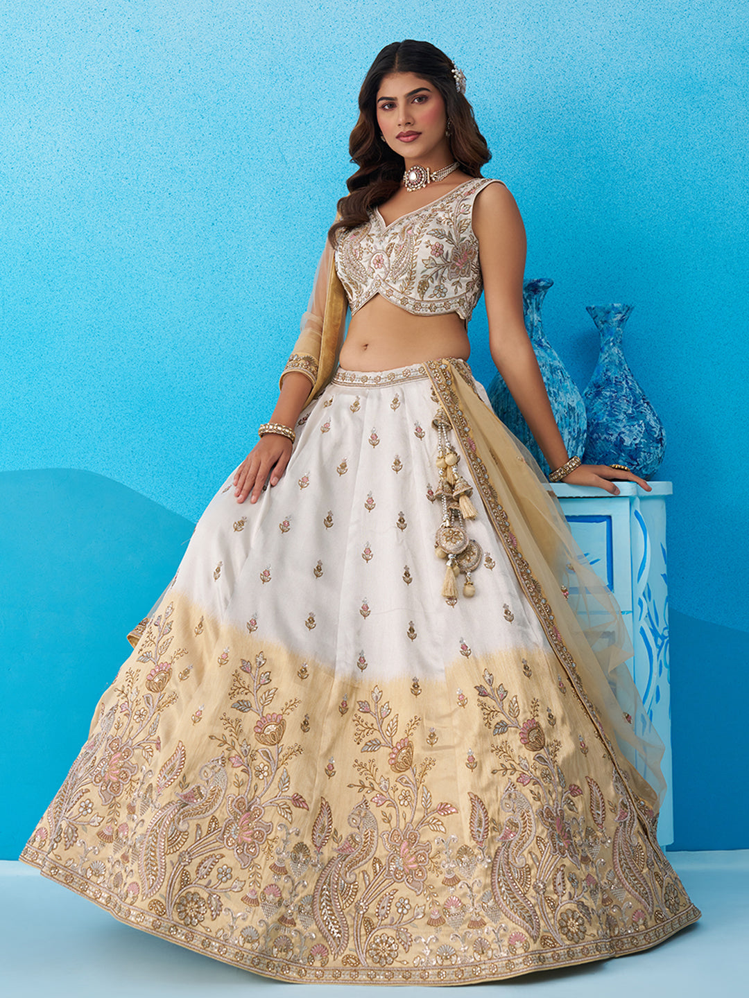 Tissue Beads & Sequins Embroidered Omber Beige and Cream Lehenga choli 6301