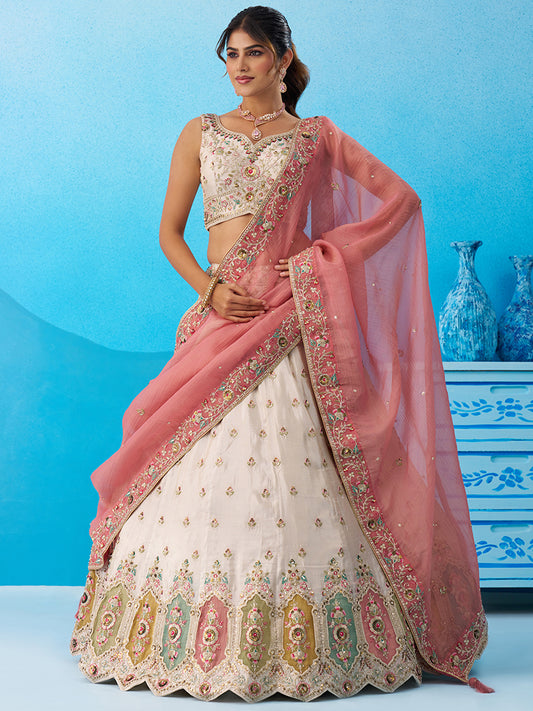 Cream pink- Tissue Sequins Embroidered Multicolor Patch Work Lehenga 6166
