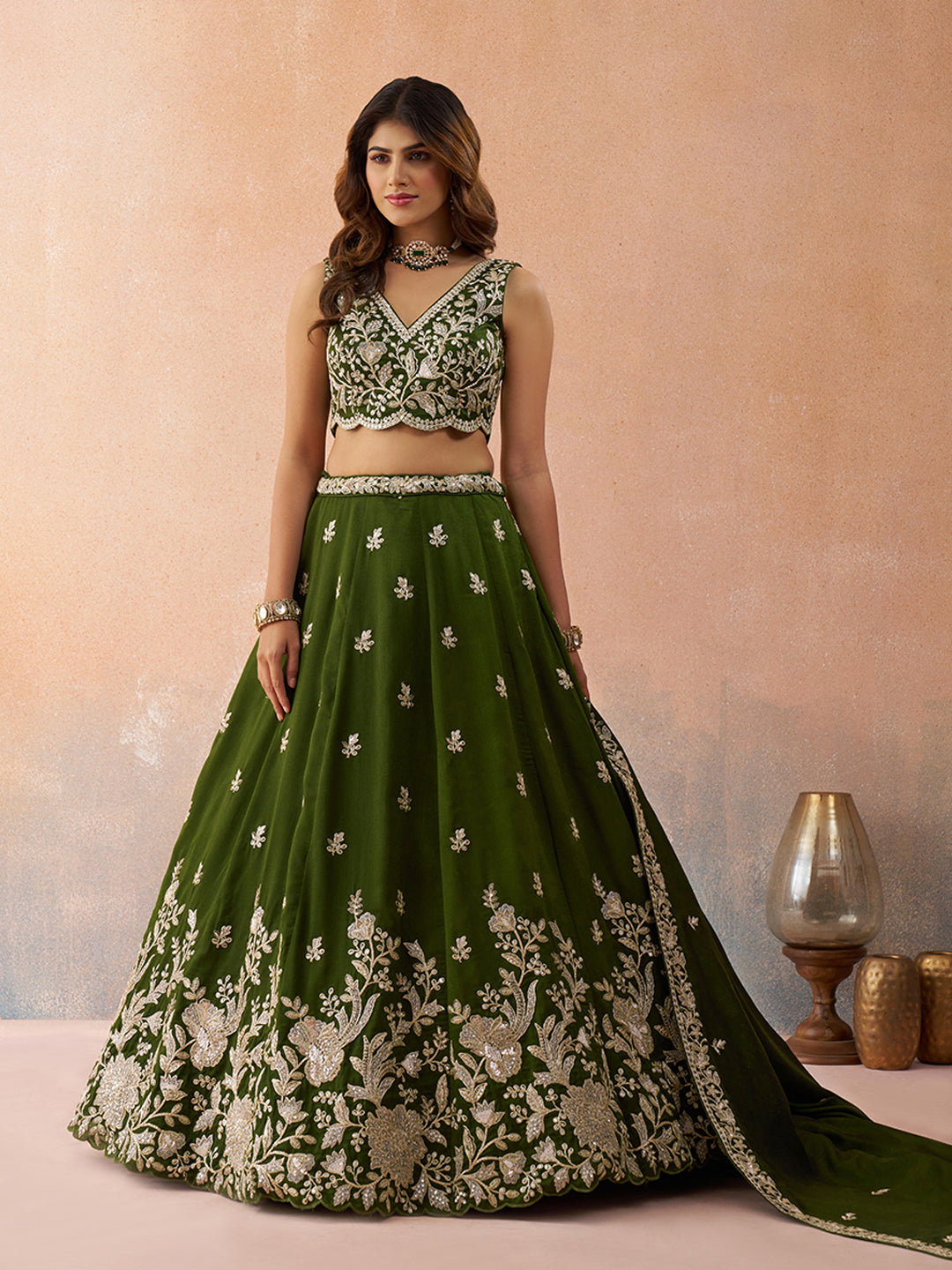 Mehendi Green- Tissue Sequinned with Zari Embroidered Lehenga 6309