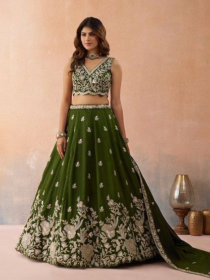 Mehendi Green- Tissue Sequinned with Zari Embroidered Lehenga 6309