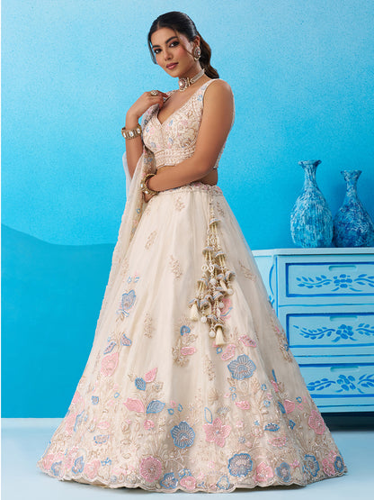 Cream- Tissue Beads & Sequinned Floral Embroidered Lehenga 6241