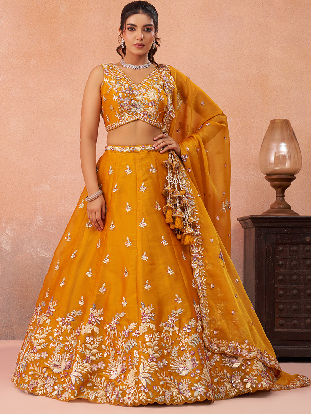 Mustard- Tissue Sequinned with Zari Embroidered Lehenga 6300