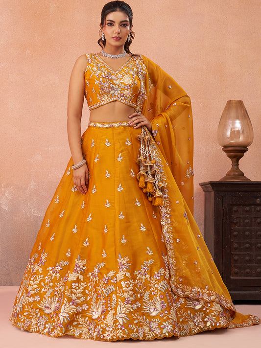 Mustard- Tissue Sequinned with Zari Embroidered Lehenga 6300