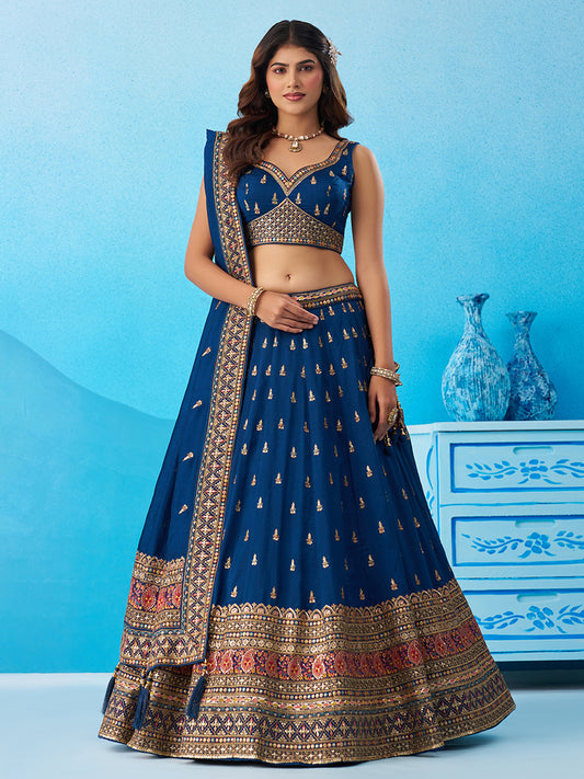 Teal- Chinnon Silk Sequinned Thread & Zari Embroidered Lehenga 6213