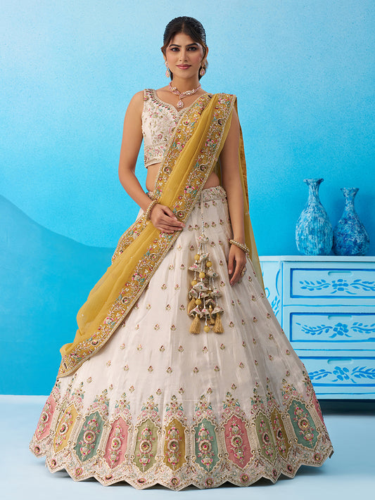 Cream- Tissue Sequins Embroidered Multicolor Patch Work Lehenga 6166