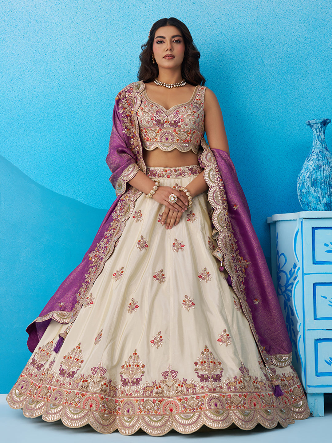 Cream- Tissue Sequins Embroidered Lehenga 6225