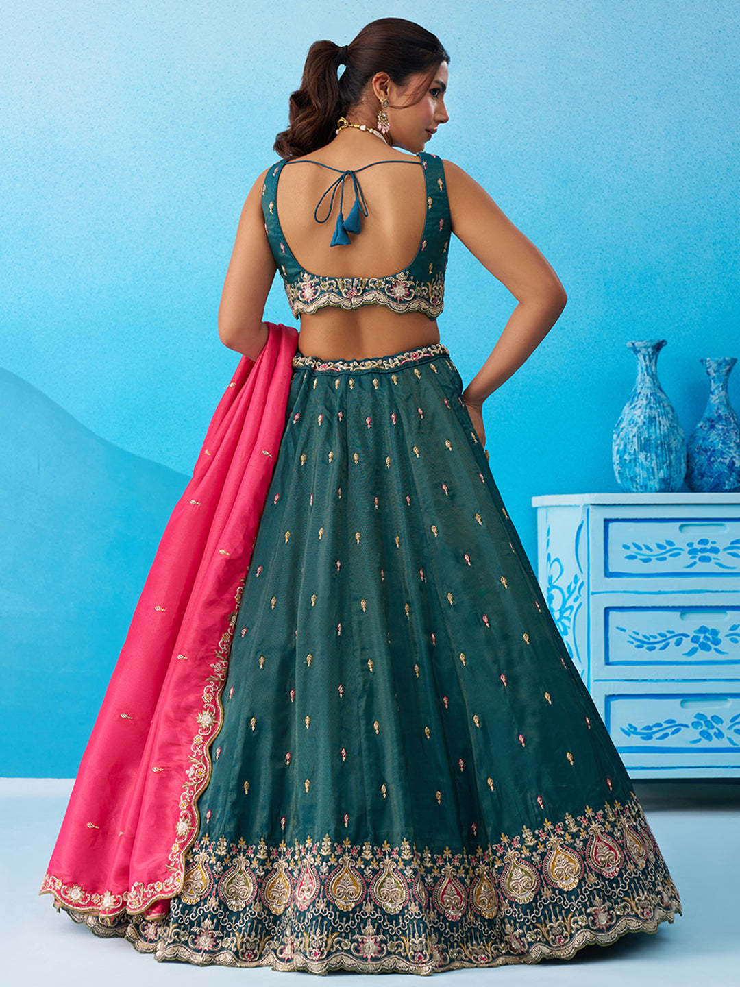 Rama green- Cosmos Silk Beads & Sequins Embroidered Lehenga 6313