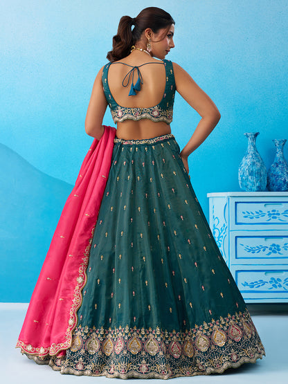 Rama green- Cosmos Silk Beads & Sequins Embroidered Lehenga 6313