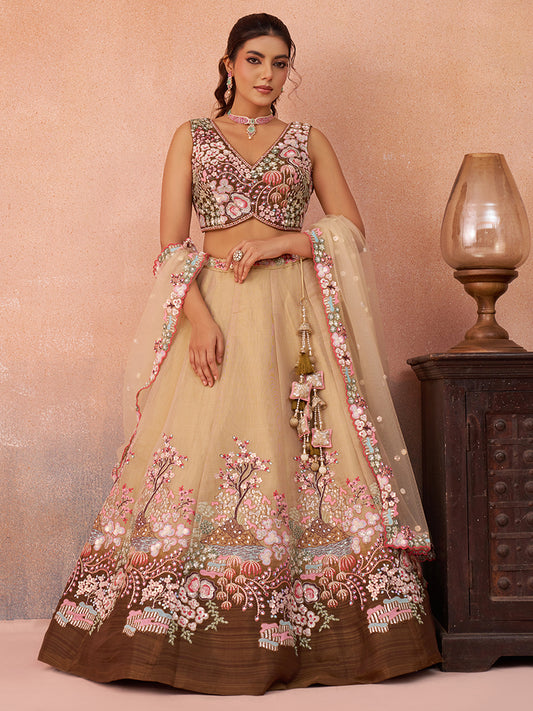Brown- Net Sequins Embroidered Omber Brown Lehenga choli 6131