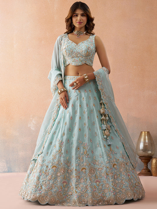 Sky Blue- Tissue Beads & Sequins Embroidered Lehenga 6186