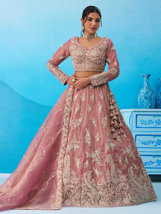 Pink- Tissue Beads & Sequins Embroidered Lehenga 6223
