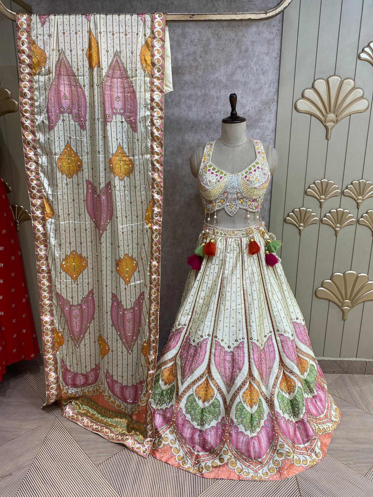 White pink crop top lehenga
