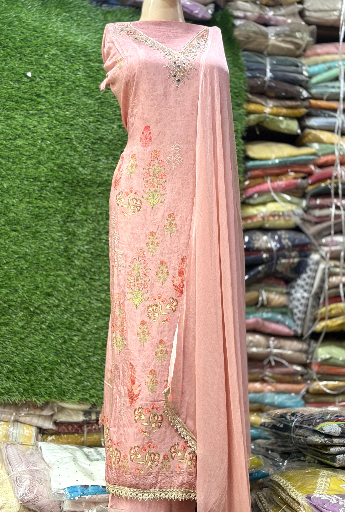 Elegant pink unstitched salwar suit dress material(free size)