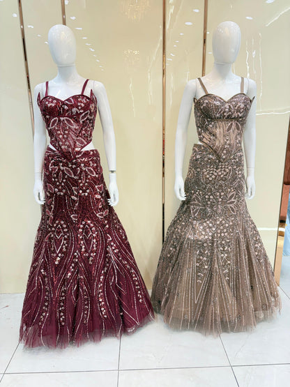 Maroon Golden Fish cut Crop Top Lehenga