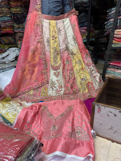 Majestic pink White yellow multicolour Lehenga