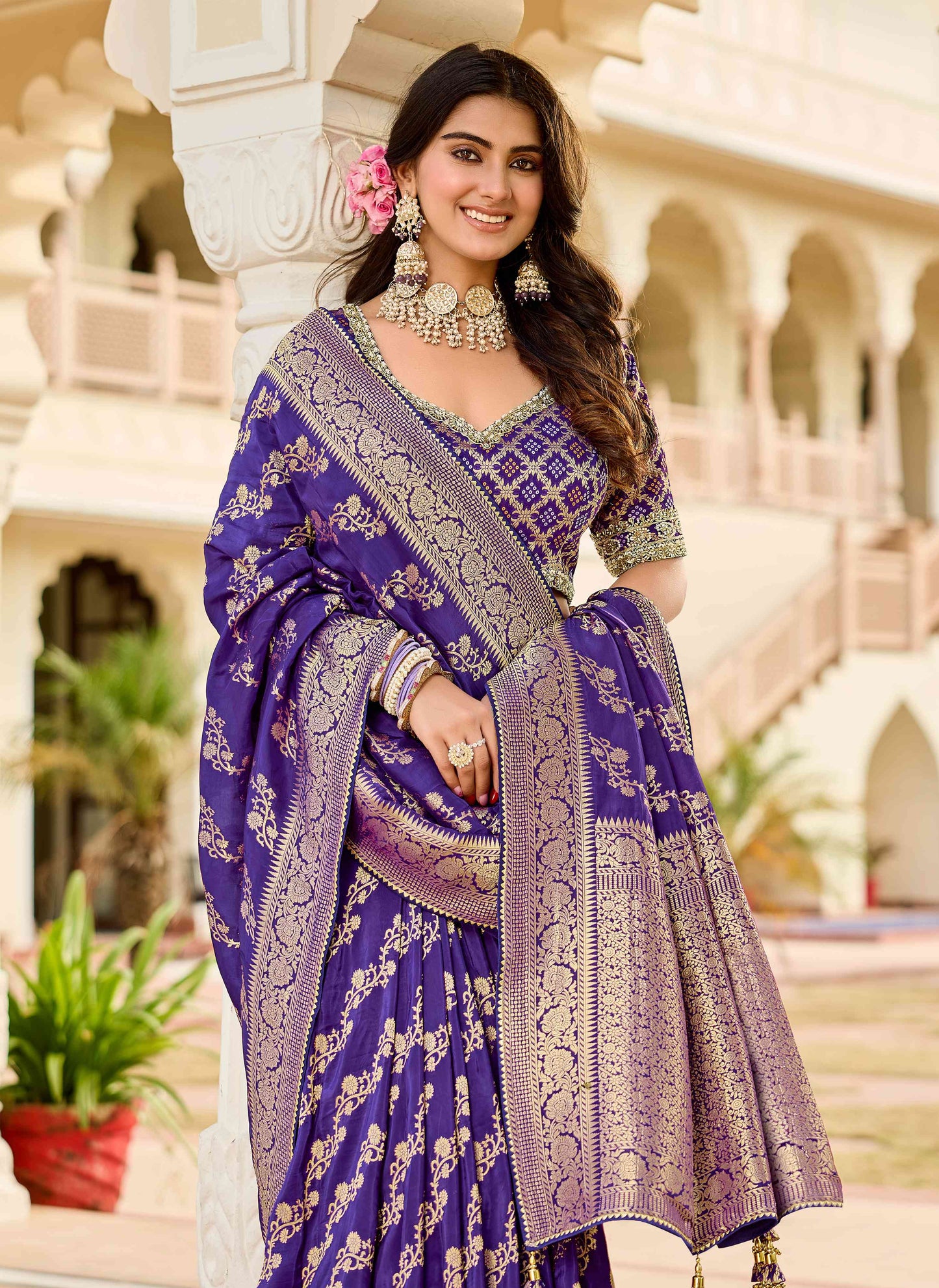 Purple Viscose Saree with bead work 6100