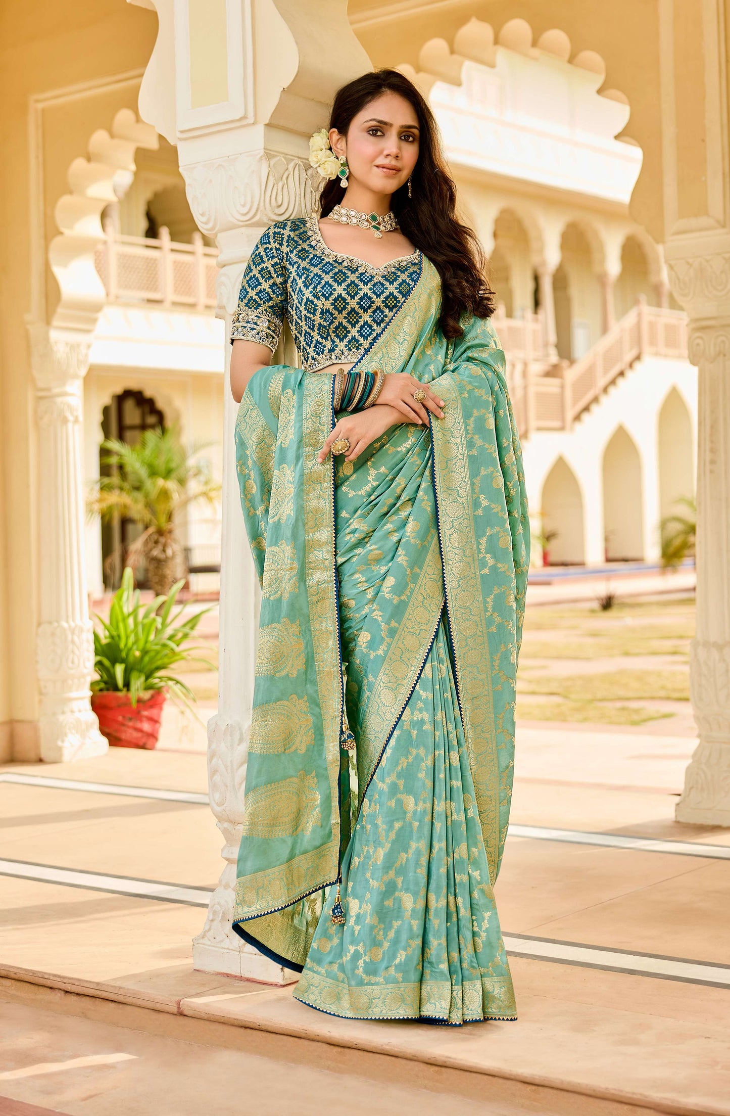 Green Viscose Saree with bead work 6119