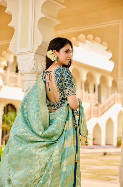 Green Viscose Saree with bead work 6119